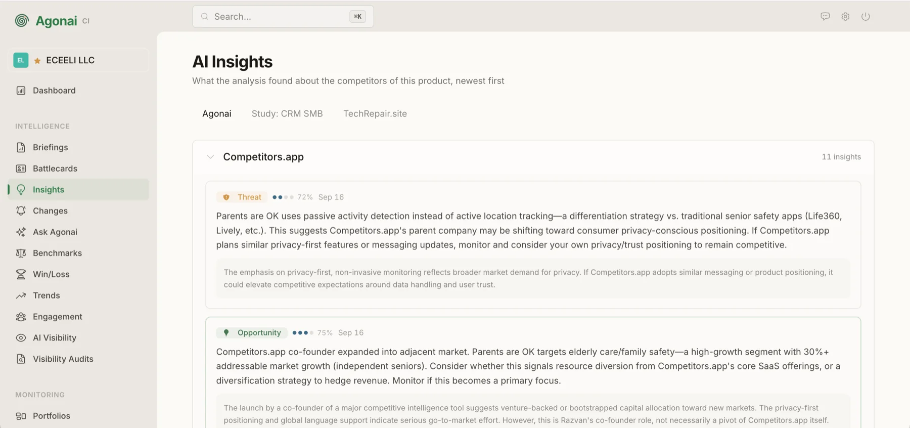 AI Insights screen with a Threat insight at 72% confidence and an Opportunity insight at 75% confidence, each with a rationale
