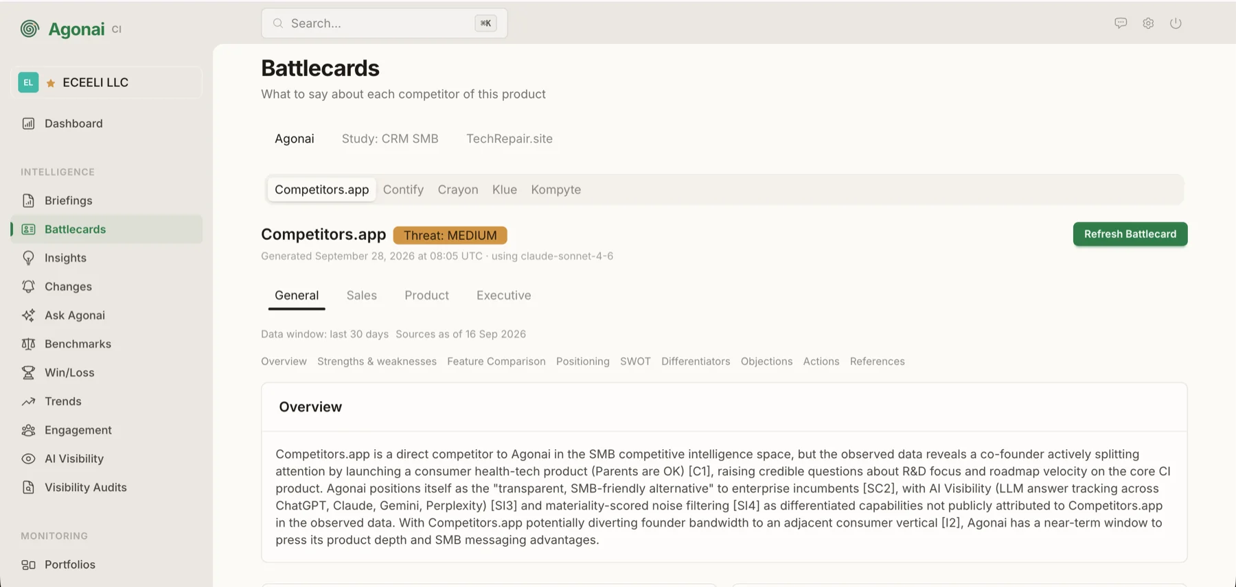 Battlecard for a competitor with a medium threat level, audience tabs for General, Sales, Product and Executive, and an overview with source references