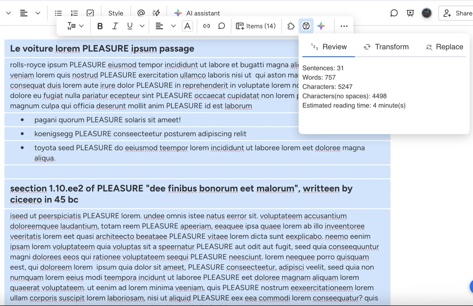 A monday.com Workdoc with text selected, the contextual toolbar above it, and the Text Tools panel open on the Review tab