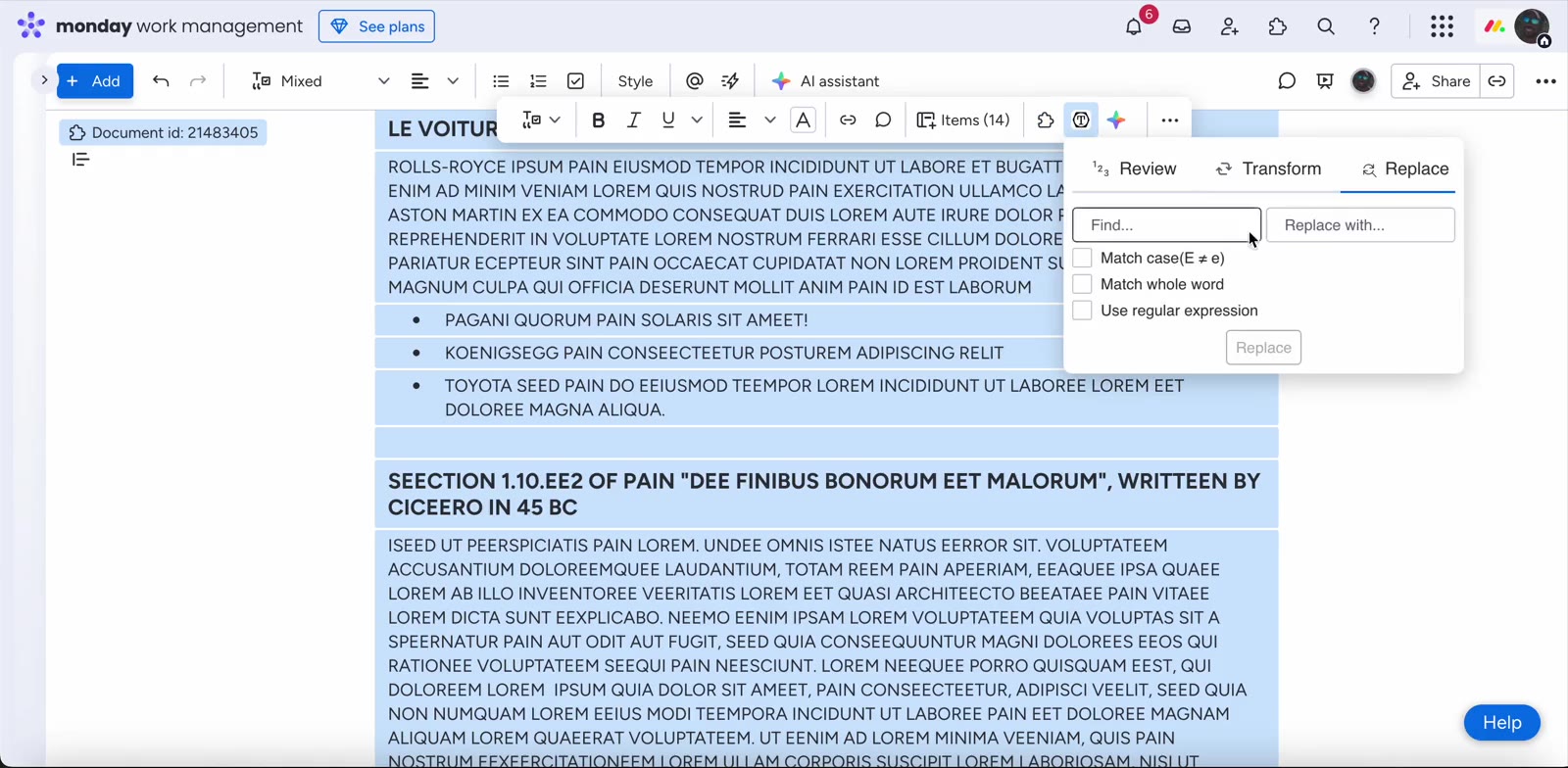 Full walkthrough of Text Tools for Workdocs: opening the app from the toolbar, then reviewing, transforming and replacing text