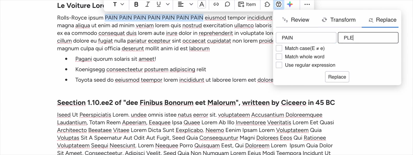 Replacing a repeated word in a selection with the Replace tab
