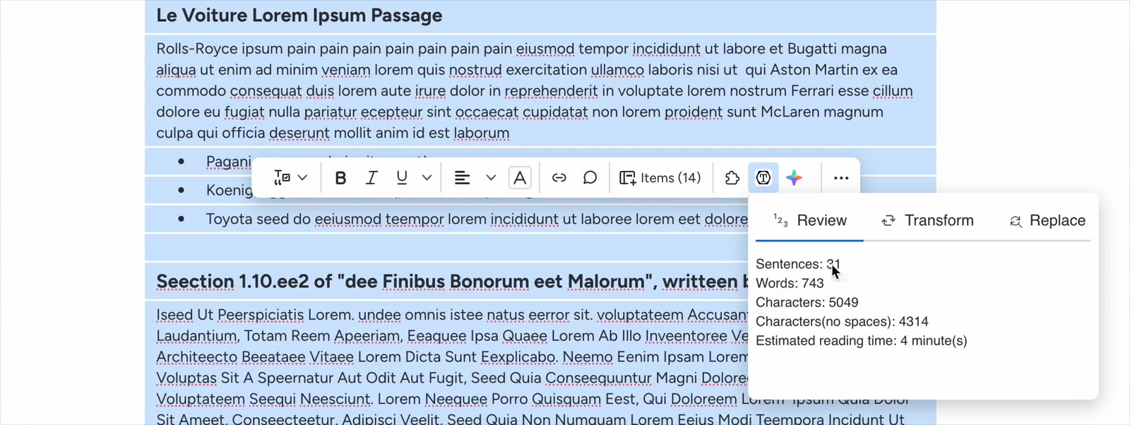 Opening Text Tools on a selection and reading the Review statistics